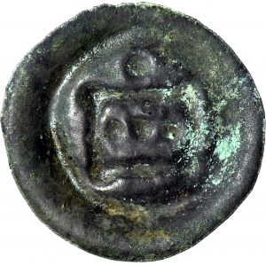 R-, Zakon Krzyżacki, brakteat ok. 1297-1308, Prostokąt z trzema kulkami w środku, powyżej kulka, RZADKI