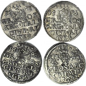 4 szt. zestaw monet, Zygmunt III Waza, trojaki Ryga 1598, 1593, 1595, Wilno 1593