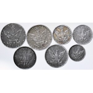 7 szt. zestaw monet, Królestwo Polskie, 1,5,10,20 fenigów 1917-18 FF