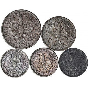 5 szt. zestaw monet groszowych II RP, 1936-37-39, piękne
