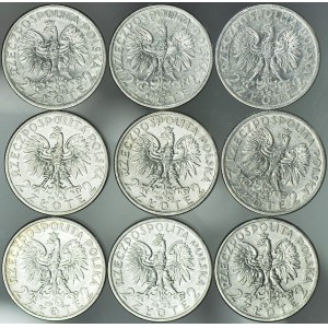 9 szt. zestaw monet II RP, 2 zł 1932,33,34 Głowa