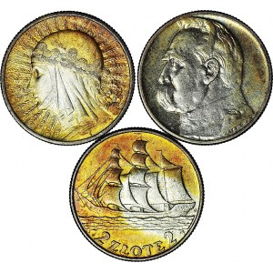 3 szt. zestaw monet II RP, 2 zł 1933 Głowa, 1934 Piłsudski, 1936 Żaglowiec