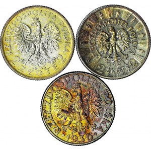3 szt. zestaw monet II RP, 2 zł 1933 Głowa, 1934 Piłsudski, 1936 Żaglowiec