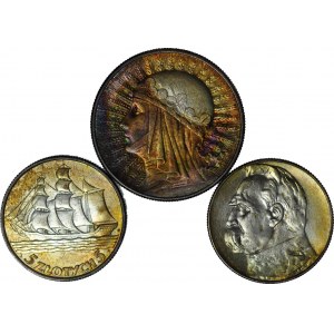 4 szt. zestaw monet II RP, 10 zł Londyn, 5 zł 1936 Okręt i Piłsudski