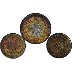 4 szt. zestaw monet II RP, 10 zł Londyn, 5 zł 1936 Okręt i Piłsudski