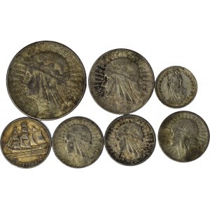 7 szt. zestaw monet II RP, 10+5+2 zł głowa + 2 zł Okręt+ 1/2 Franka Szwajcaria