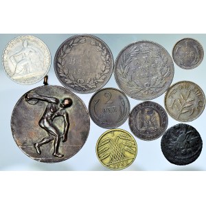 Zestaw 10 szt. monety i medal, Ruminia, Urugwaj, Niemcy, Portugalia, Francja, Rosja, Palestyna