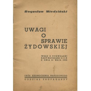 MIEDZIŃSKI Bogusław – Uwagi o sprawie żydowskiej wraz z uchwałami Rady Naczelnej OZN z dnia 21 maja 1938.