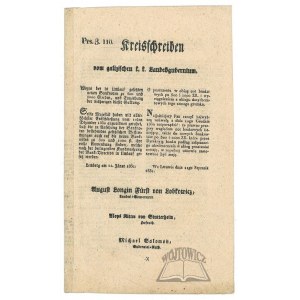 LOBKOWICZ August Longin Fürst von, Kreisschreiben vom galizischen k. k. Landesgubernium.