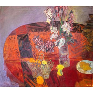 Jan Szancenbach (1928 Kraków - 1998 tamże), Kwiaty i owoce na okrągłym stole, 1995
