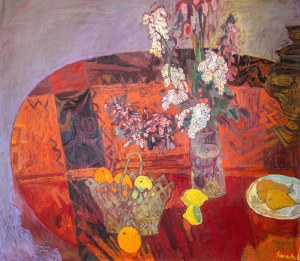Jan Szancenbach (1928 Kraków - 1998 tamże), Kwiaty i owoce na okrągłym stole, 1995