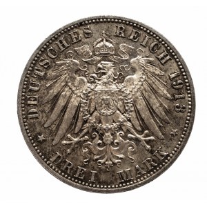 Niemcy, Cesarstwo Niemieckie 1871-1918, Saksonia - Fryderyk August III 1904-1918, 3 marki 1913 E, Muldenhütten, wybite z okazji 100. rocznicy zwycięstwa pod Lipskiem.