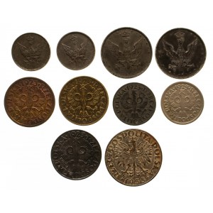Zestaw 10 drobnych monet: Królestwo Polskie, II RP, GG
