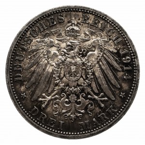 Niemcy, Cesarstwo Niemieckie 1871-1918, Prusy, Wilhelm II 1888-1918, 3 marki 1914 A, Berlin, popiersie cesarza w mundurze.