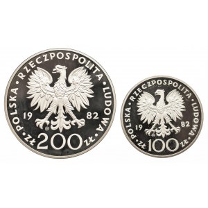 Polska, PRL 1944-1989, zestaw: 100 i 200 złotych 1982, Jan Paweł II, Valcambi, stempel lustrzany
