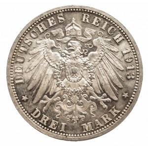 Niemcy, Cesarstwo Niemieckie 1871-1918, Prusy, Wilhelm II 1888-1918, 3 marki 1913 A, Berlin, popiersie cesarza w mundurze