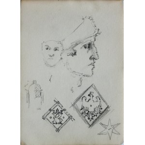 Józef Pieniążek (1888-1953), Szkice głowy w ujęciu en face i w ujęciu z profilu oraz szkic drzwi do katedry na Wawelu wraz z motywami dekoracyjnymi