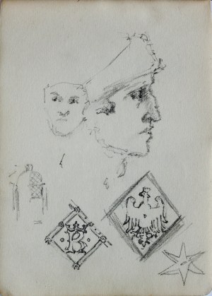 Józef Pieniążek (1888-1953), Szkice głowy w ujęciu en face i w ujęciu z profilu oraz szkic drzwi do katedry na Wawelu wraz z motywami dekoracyjnymi