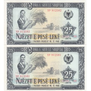 Albania, 25 Leke, 1976, UNC, p44, (Total 2 consecutive banknotes)