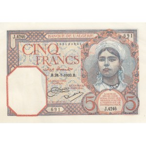 Algeria, 5 Francs, 1933, XF, p77