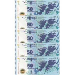 Argentina, 50 Pesos, 2015, UNC, p362, (Total 5 consecutive banknotes)