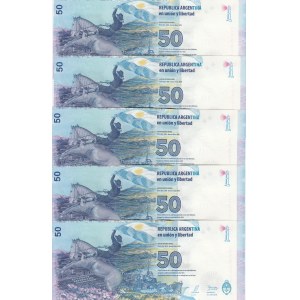 Argentina, 50 Pesos, 2015, UNC, p362, (Total 5 consecutive banknotes)