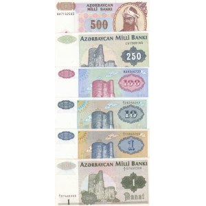 Azerbaijan, 1-10-100-250-500 Manat, UNC, (Total 6 banknotes)