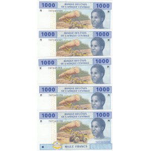 Central African States, 1.000 Francs, 2002, UNC, p307M, (Total 5 banknotes)