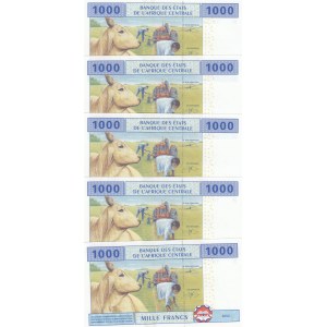 Central African States, 1.000 Francs, 2002, UNC, p307M, (Total 5 banknotes)