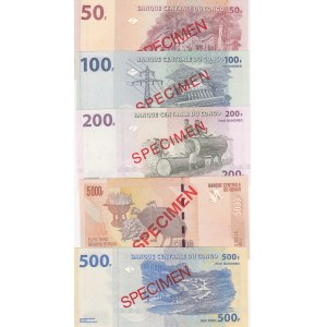 Congo Democratic Republic, 50-100-200-500-5.000 Francs, SPECIMEN (Total 5 banknotes)