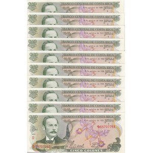 Costa Rica, 5 Colones, 1989, UNC, p236d, (Total 10 consecutive banknotes)
