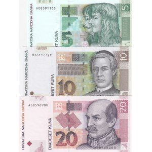 Croatia, 5-10-20 Kuna, UNC, (Total 3 banknotes)