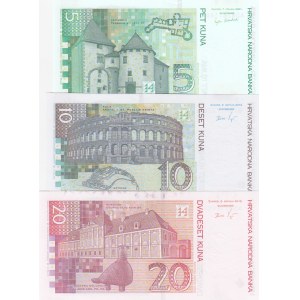 Croatia, 5-10-20 Kuna, UNC, (Total 3 banknotes)