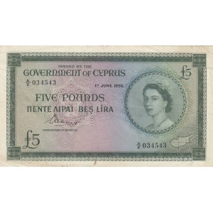Cyprus, 5 Pounds, 1955, XF, p36