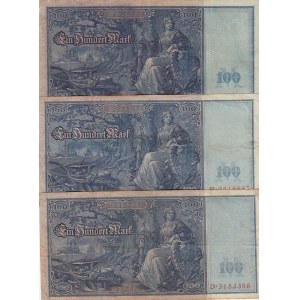 Germany, 100 Mark, 1910, VF, p43, (Total 3 banknotes)