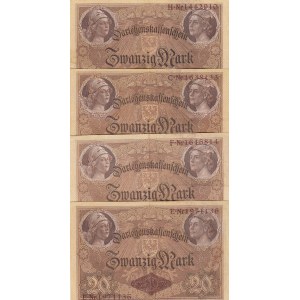 Germany, 20 Mark, 1914, XF, p48, (Total 4 banknotes)