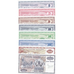 Macedonia, 10-25-50-100-500-1.000-5.000-10.000 Denar, 1992, UNC, (Total 8 banknotes)