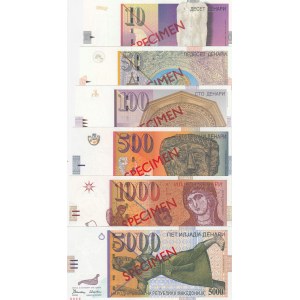 Macedonia, 10-50-100-500-1.000-5.000 Denari, 1996, UNC, SPECIMEN (Total 6 banknotes)