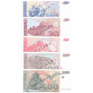 Macedonia, 10-20-50-100-500 Denari, 1993, UNC, SPECIMEN (Total 5 banknotes)
