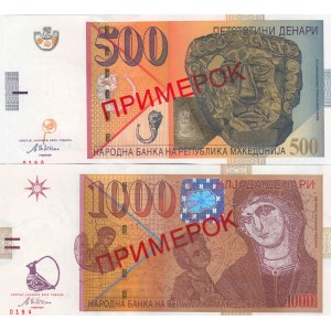 Macedonia, 500-1.000 Denari, 1996, UNC, SPECIMEN (Total 2 banknotes)
