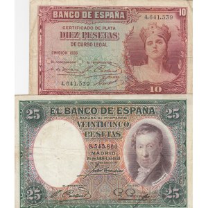 Spain, 10-25 Pesetas, VF, (Total 2 banknotes)