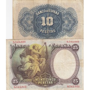 Spain, 10-25 Pesetas, VF, (Total 2 banknotes)