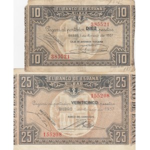 Spain, 10-25 Pesetas, 1937, FINE, (Total 2 banknotes)