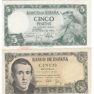 Spain, 5 Pesetas, (Total 2 banknotes)