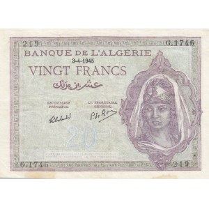 Tunisia, 20 Francs, 1945, XF, p18, There are stain.