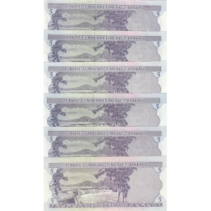 Turkey, 5 Lira, 1968/83, UNC, p185, (Total 6 banknotes)
