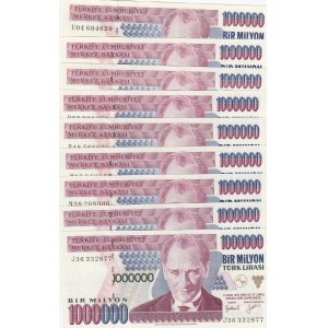 Turkey, 1.000.000 Lira, 1996/2002, UNC, (Total 9 banknotes)