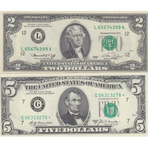 United States of America, 2-5 Dollars, UNC, (Total 2 banknotes)
