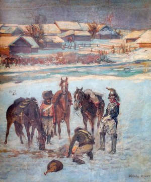 Wojciech Kossak (1856 Paryż - 1942 Kraków), Postój pod wsią Brylowa – fragment Panoramy Berezyna, 1896 r.