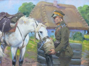 Jerzy Kossak (1886 Kraków - 1955 tamże), Ułan pojący konia
